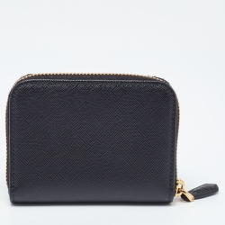 Pre Owned Prada Black Leather Zip Around Compact Wallet