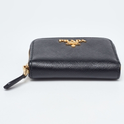 Pre Owned Prada Black Leather Zip Around Compact Wallet