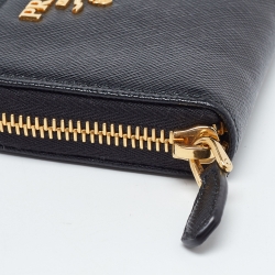 Pre Owned Prada Black Leather Zip Around Compact Wallet