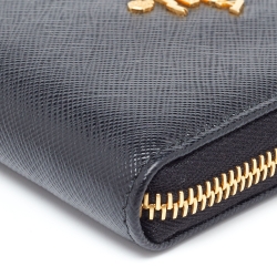 Pre Owned Prada Black Leather Zip Around Compact Wallet
