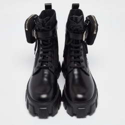 Prada Black Leather Monolith Platform Ankle Boots Size 40