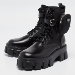 Prada Black Leather Monolith Platform Ankle Boots Size 40