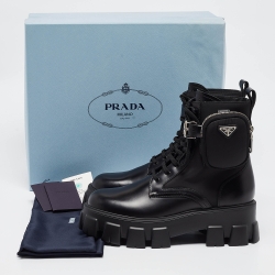 Prada Black Leather Monolith Platform Ankle Boots Size 40