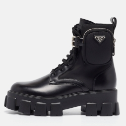 Prada Black Leather Monolith Platform Ankle Boots Size 40
