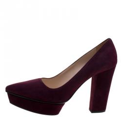Pre Owned Prada Bordeaux Suede Platform Block Heel Pumps Size 37.5