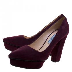 Pre Owned Prada Bordeaux Suede Platform Block Heel Pumps Size 37.5