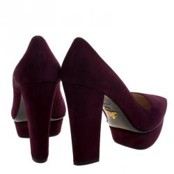 Pre Owned Prada Bordeaux Suede Platform Block Heel Pumps Size 37.5