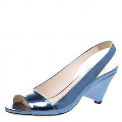 Pre Owned Prada Blue Metallic Leather Sling Back Wedge Sandals Size 39.5