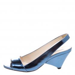 Pre Owned Prada Blue Metallic Leather Sling Back Wedge Sandals Size 39.5