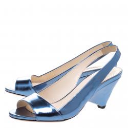 Pre Owned Prada Blue Metallic Leather Sling Back Wedge Sandals Size 39.5