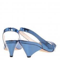 Pre Owned Prada Blue Metallic Leather Sling Back Wedge Sandals Size 39.5