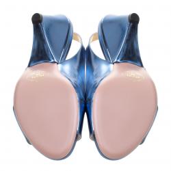 Pre Owned Prada Blue Metallic Leather Sling Back Wedge Sandals Size 39.5