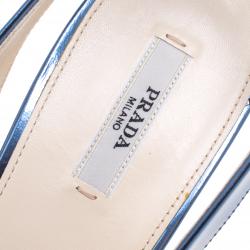 Pre Owned Prada Blue Metallic Leather Sling Back Wedge Sandals Size 39.5