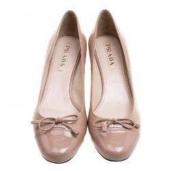 Pre Owned Prada Beige Patent Leather Bow Block Heel Pumps Size 40