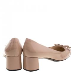Pre Owned Prada Beige Patent Leather Bow Block Heel Pumps Size 40