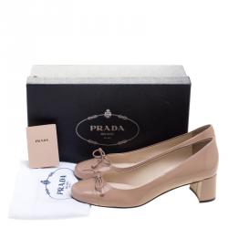 Pre Owned Prada Beige Patent Leather Bow Block Heel Pumps Size 40