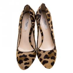 Pre Owned Prada Beige Leopard Print Calfhair Pumps Size 38