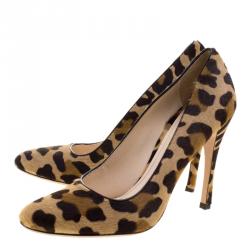 Pre Owned Prada Beige Leopard Print Calfhair Pumps Size 38