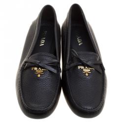 Pre Owned Prada Black Leather Bow Loafers Size 38.5