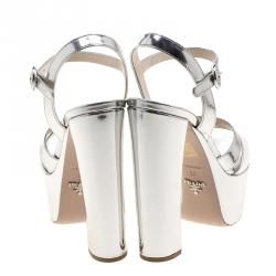 Pre Owned Prada Metallic Silver Leather Ankle Strap Block Heel Platform Sandals Size 38