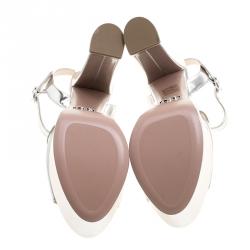 Pre Owned Prada Metallic Silver Leather Ankle Strap Block Heel Platform Sandals Size 38