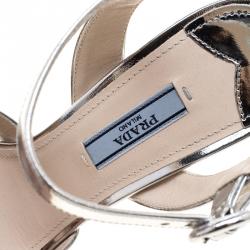 Pre Owned Prada Metallic Silver Leather Ankle Strap Block Heel Platform Sandals Size 38