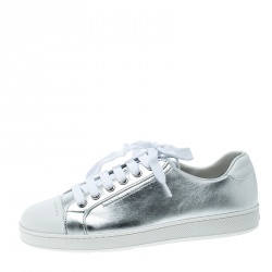 Pre Owned Prada Metallic Silver Leather Low Top Sneakers Size 37