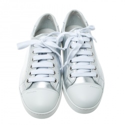 Pre Owned Prada Metallic Silver Leather Low Top Sneakers Size 37