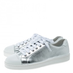 Pre Owned Prada Metallic Silver Leather Low Top Sneakers Size 37