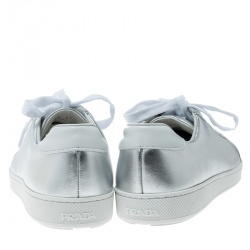 Pre Owned Prada Metallic Silver Leather Low Top Sneakers Size 37