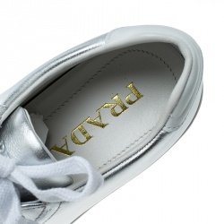 Pre Owned Prada Metallic Silver Leather Low Top Sneakers Size 37