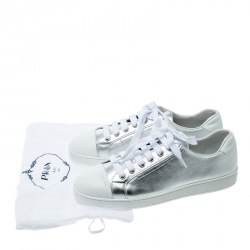 Pre Owned Prada Metallic Silver Leather Low Top Sneakers Size 37