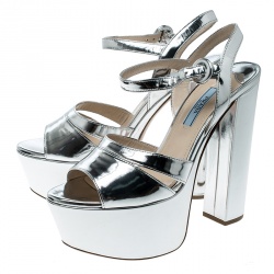 Pre Owned Prada Metallic Silver Leather Peep Toe Platform Sandals Size 37
