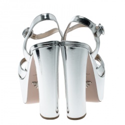 Pre Owned Prada Metallic Silver Leather Peep Toe Platform Sandals Size 37