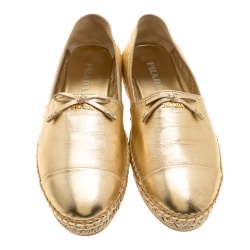 Pre Owned Prada Metallic Gold Leather Bow Detail Espadrilles Size 37.5
