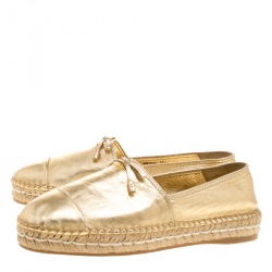 Pre Owned Prada Metallic Gold Leather Bow Detail Espadrilles Size 37.5