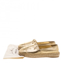 Pre Owned Prada Metallic Gold Leather Bow Detail Espadrilles Size 37.5