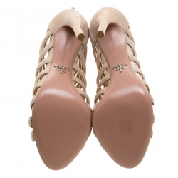 Pre Owned Prada Beige Suede Wavy Caged Peep Toe Booties Size 38