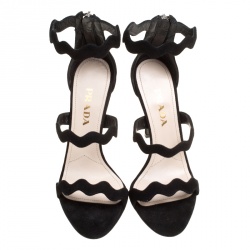 Pre Owned Prada Black Suede Scalloped Open Toe Sandals Size 36