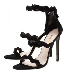 Pre Owned Prada Black Suede Scalloped Open Toe Sandals Size 36