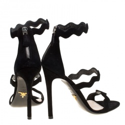 Pre Owned Prada Black Suede Scalloped Open Toe Sandals Size 36