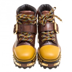 Pre Owned Prada Brown Leather With Rubber Cap Toe Mountain Desert Platform Boots Size 37