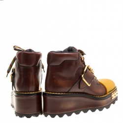 Pre Owned Prada Brown Leather With Rubber Cap Toe Mountain Desert Platform Boots Size 37