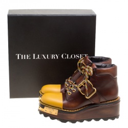 Pre Owned Prada Brown Leather With Rubber Cap Toe Mountain Desert Platform Boots Size 37
