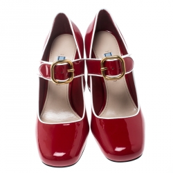 Pre Owned Prada Red Patent Leather Mary Jane Pumps Size 38