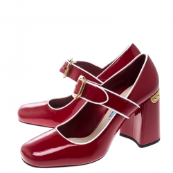Pre Owned Prada Red Patent Leather Mary Jane Pumps Size 38
