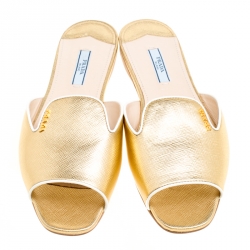 Pre Owned Prada Metallic Gold Saffiano Leather Flat Slides Size 39