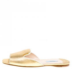 Pre Owned Prada Metallic Gold Saffiano Leather Flat Slides Size 39