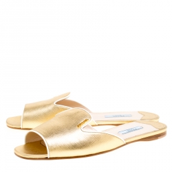 Pre Owned Prada Metallic Gold Saffiano Leather Flat Slides Size 39
