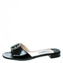 Pre Owned Prada Black Patent Saffiano Leather Crystal Embellished Flat Slides Size 38